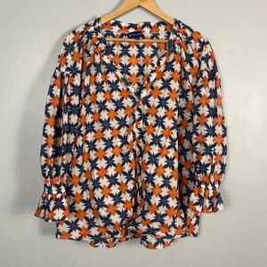 Ro’s Garden Orange and Blue white printed button down blouse size medium